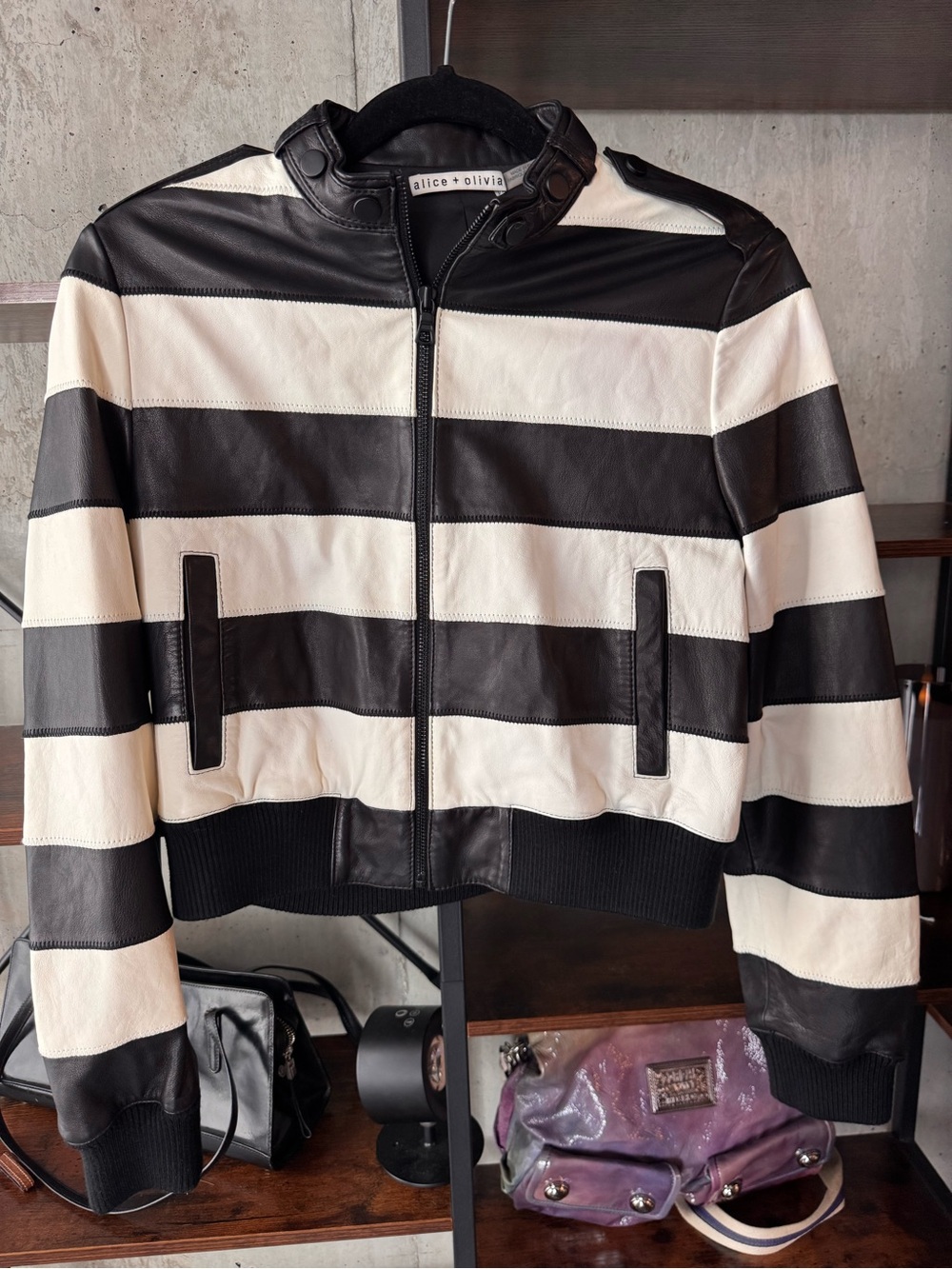 Alice + Olivia Black & White Striped Lamb Leather Bomber Jacket! Size 6